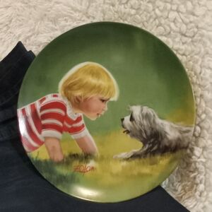 Green Decorative Plate with Child and Dog